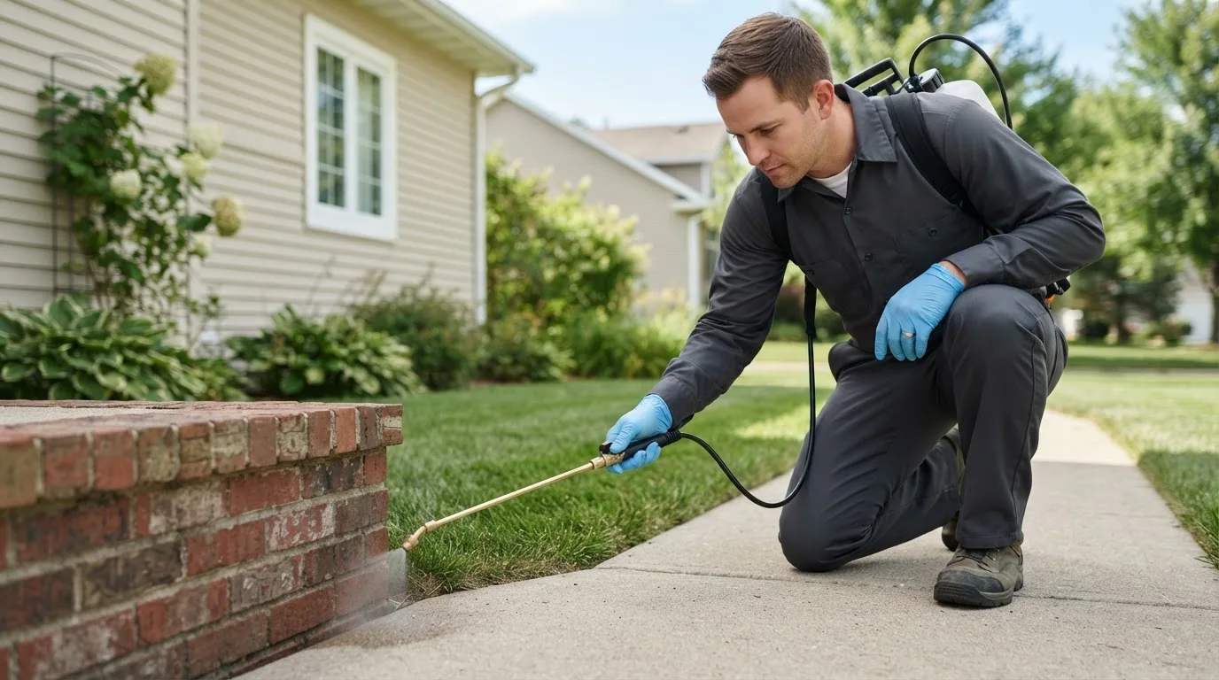 Pest control technician treating a home near New Richland, MN