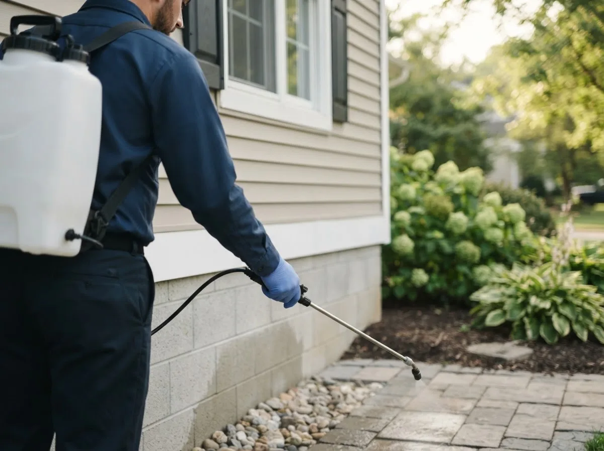 Pest control technician inspecting a home in New Richland, MN